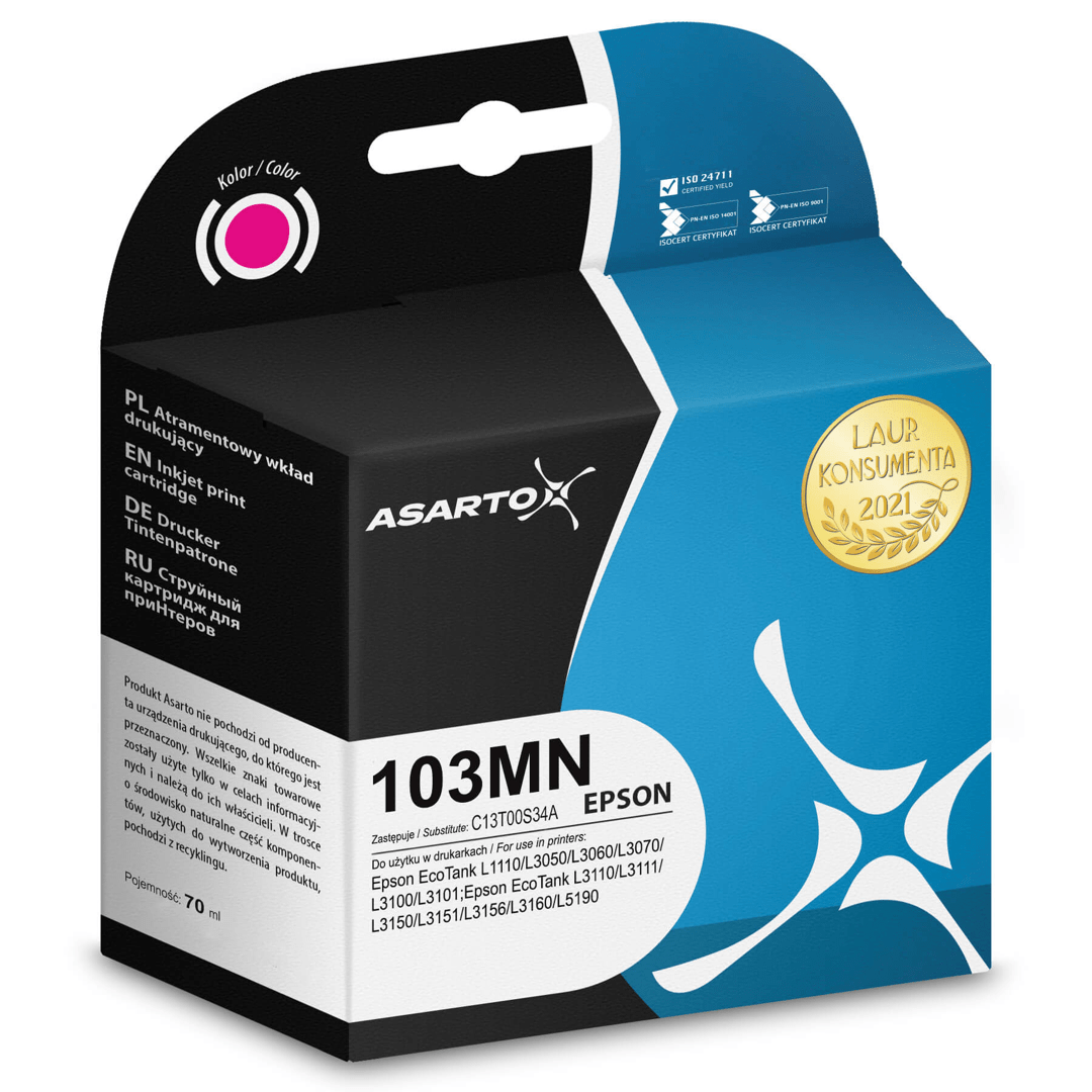 2603202669c4e8b4c2dbe.png Tusz Asarto do Epson 103MN | C13T00S34A | 70 ml | magenta - obrazek 1