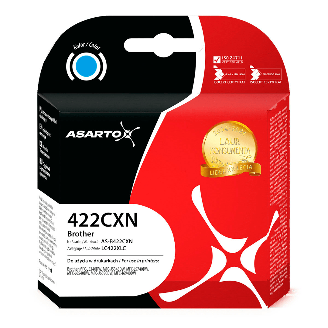2603202669c510ad0055f.png Tusz Asarto do Brother 422CXN | LC422XLC | 1500 str. | 19ml | cyan - obrazek 1
